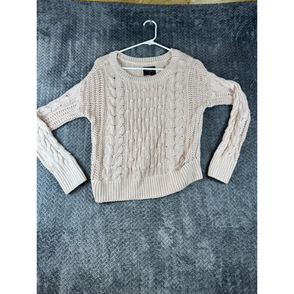 Abercrombie & Fitch Sweater Womens XS Beige Cable Knit Round Neck Long Sleeve